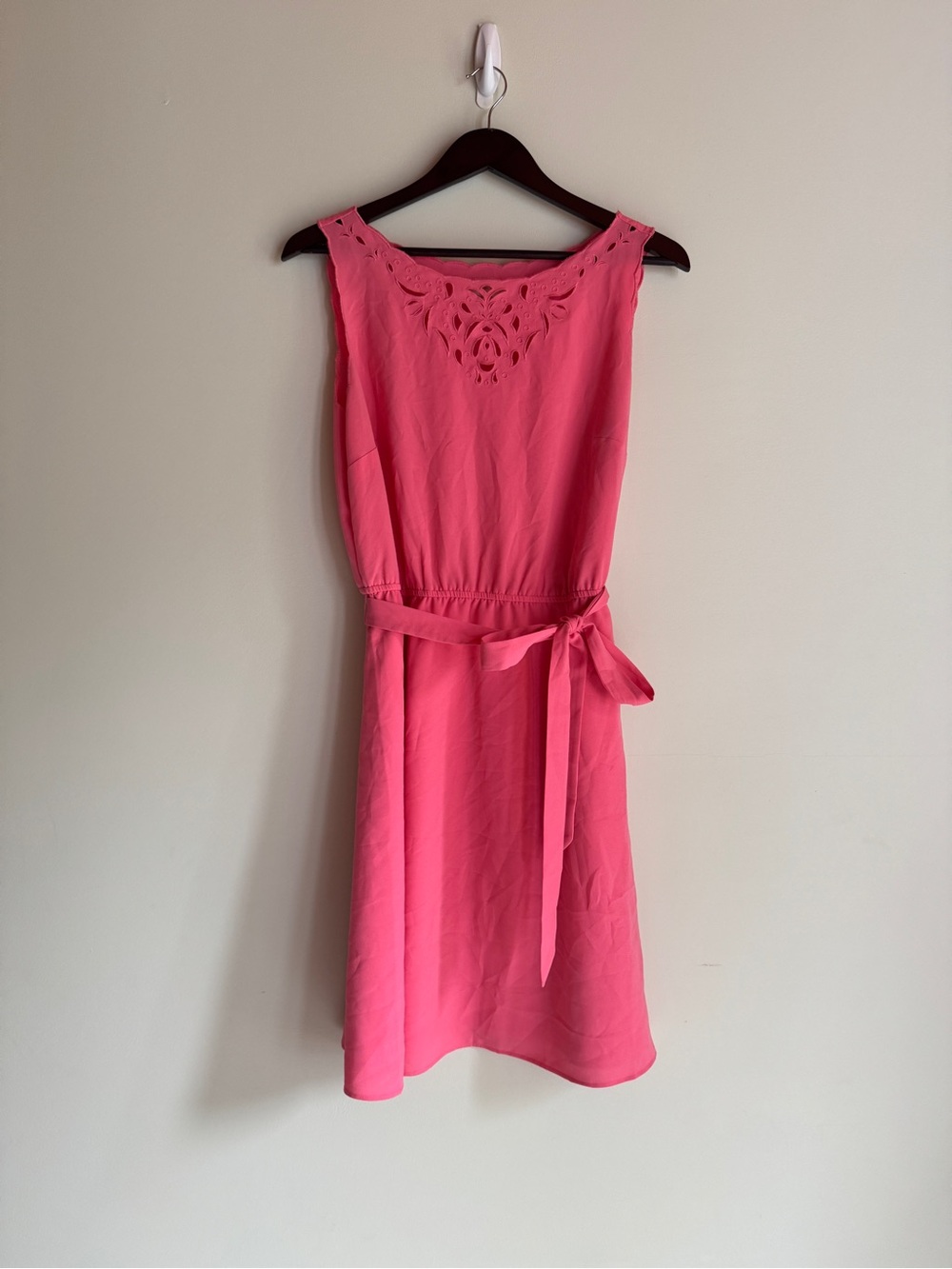 LOFT Coral-Pink Sleeveless Midi Dress with Self-Tie Belt